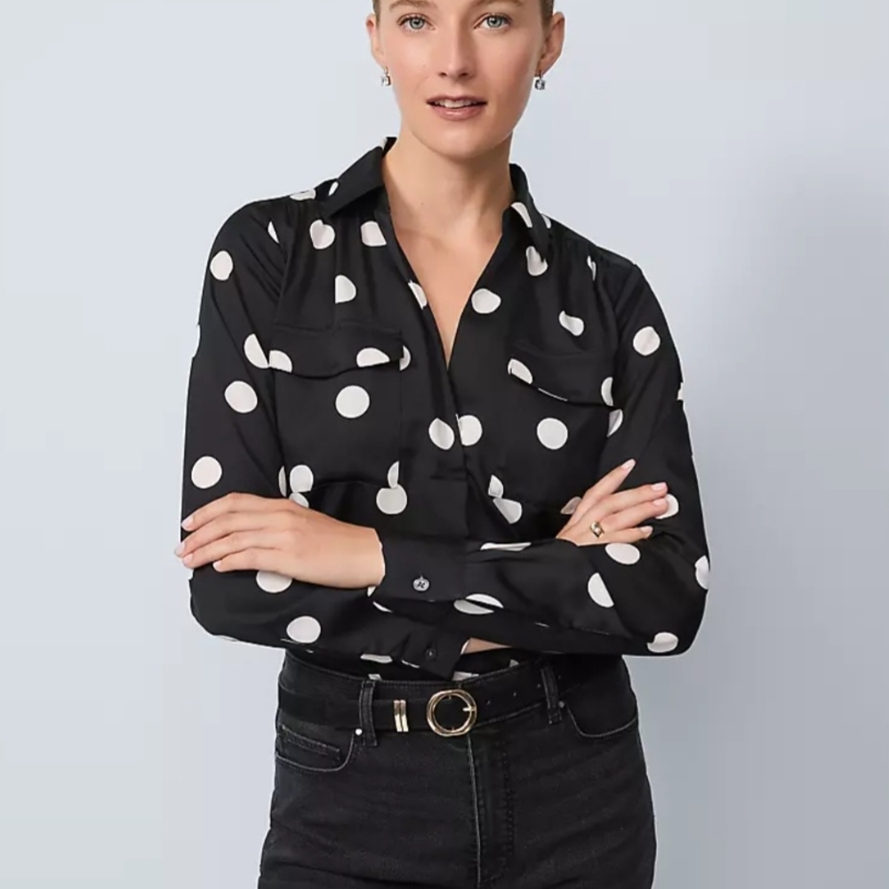 NWT Ann Taylor Black and White Polka Dot Button Down Shirt Sz Xxl